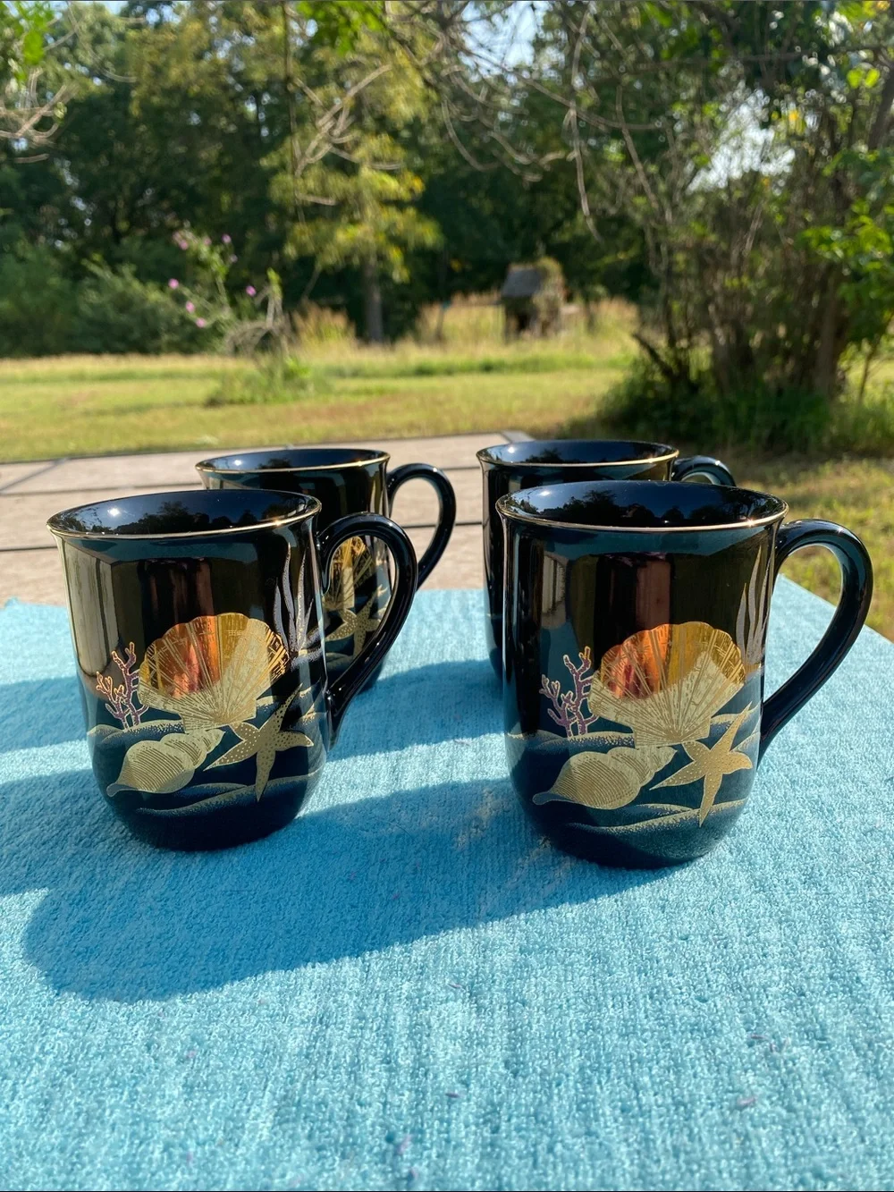 VTG Otagiri Japan Black 22K Gold Seashell Coral Starfish Ceramic Mugs - Set of 4